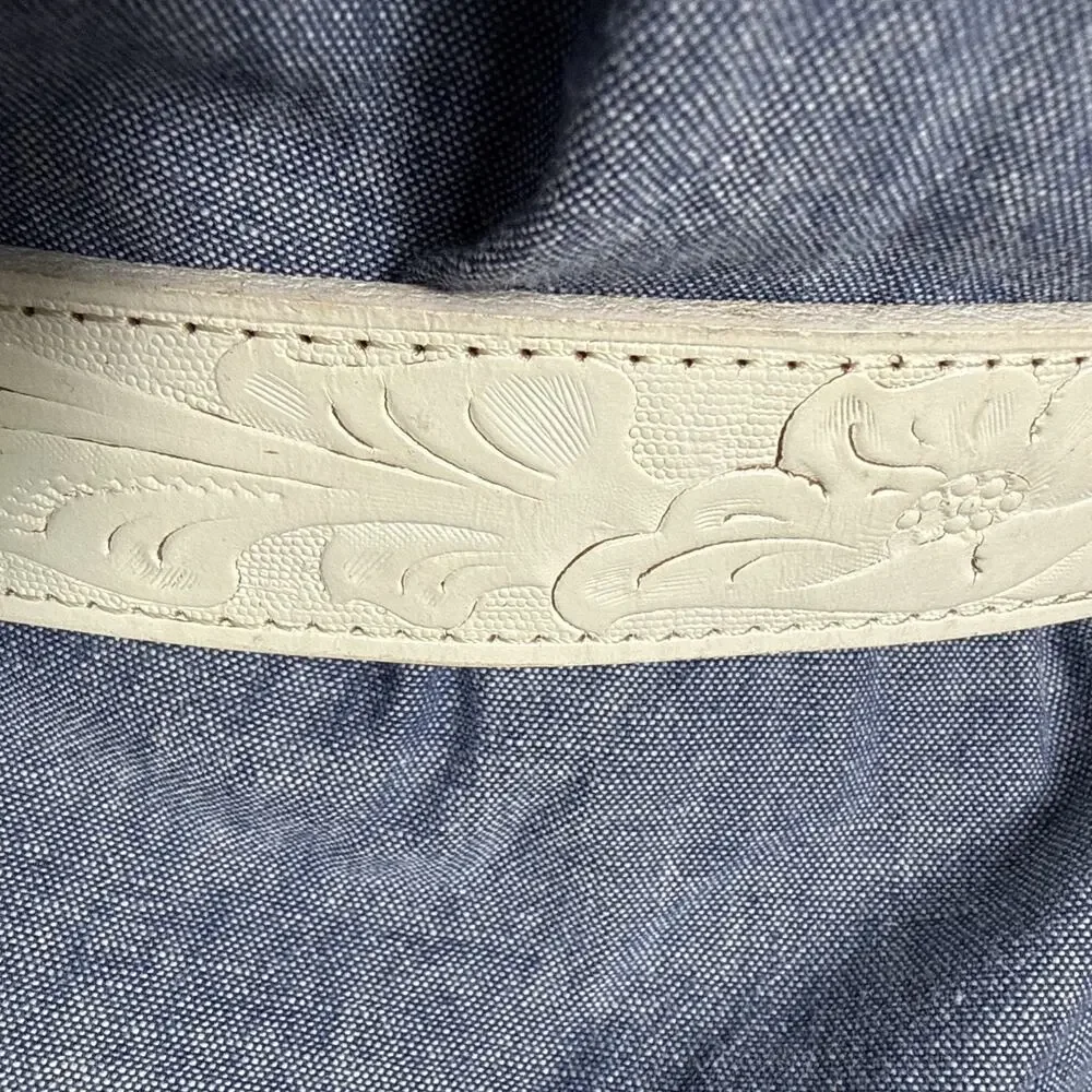 Vintage Western Tooled Belt White Leather Silver Buckle Kids 25